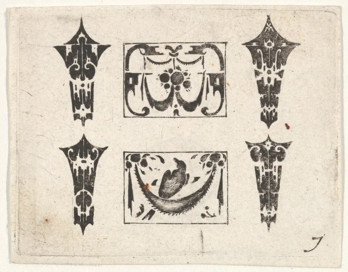 Blackwork Print with Two Horizontal Panels and Four Bezels by Claes Jansz Visscher, print, 1600-1620