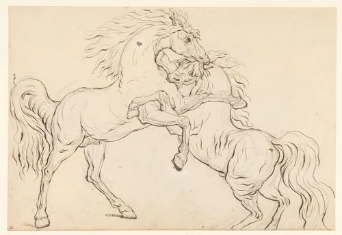 Twee vechtende hengsten by Carle Vernet, drawing, 1768-1836