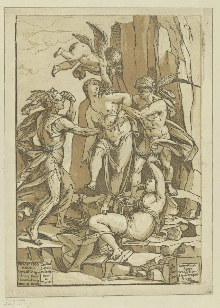 Deugd door Liefde beschermd tegen Onwetendheid, Misverstand en Verkeerde Overtuiging by Unknown, print, 1585