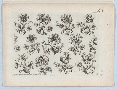 Series of Small Flower Motifs, Plate 6 by Paul Androuet Ducerceau, print, 1665-1675