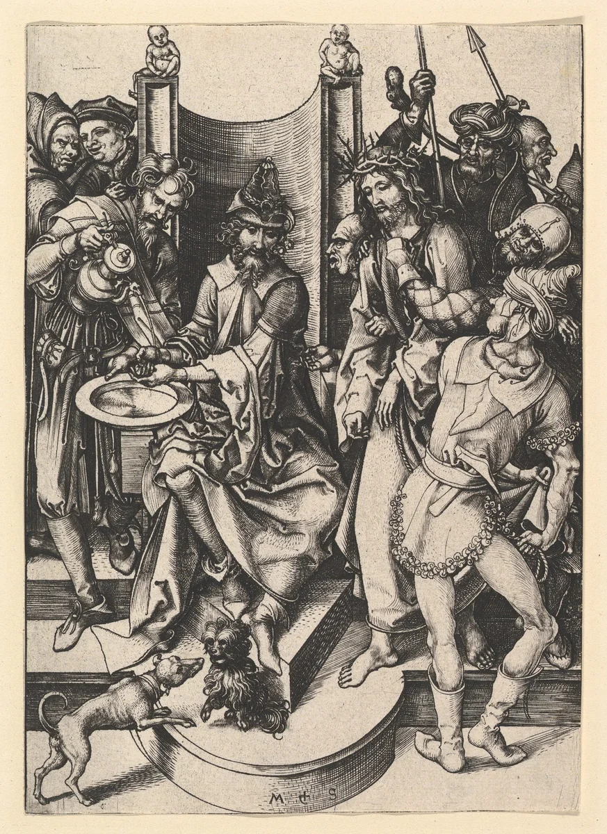 Pilate Washing His Hands by Martin Schongauer, print, 1470-1491