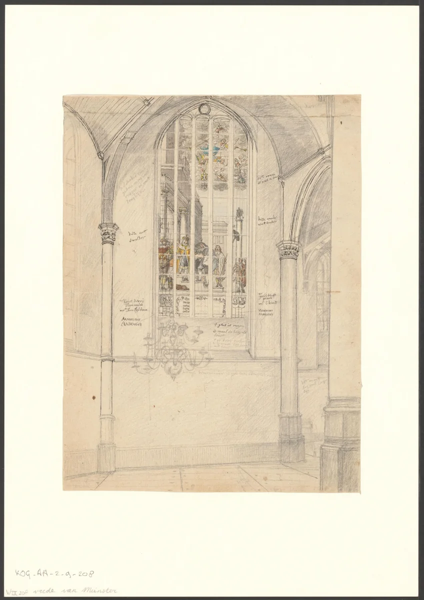 Interieur van de Oude Kerk met raam met de voorstelling van de Vrede van Münster by Hermanus Petrus Schouten, drawing, 1757-1822