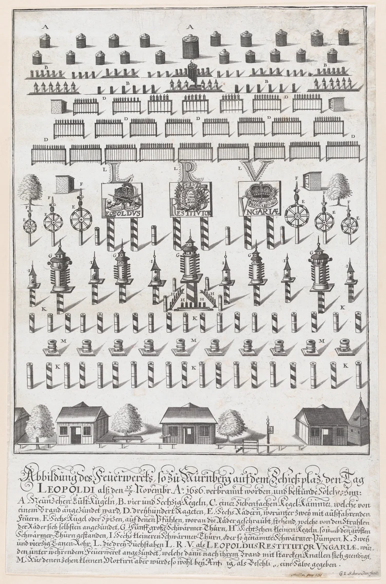 Plan for the fireworks display in honor of Emperor Leopold, Nuremberg, November 15, 1686 by G.I. Schneider, print, 1686-1700
