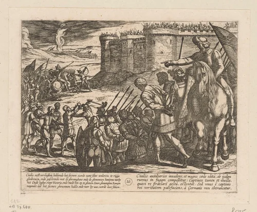 Romeinse gevangen langs de vesting geleid, 69-70 by Antonio Tempesta, print, 1612