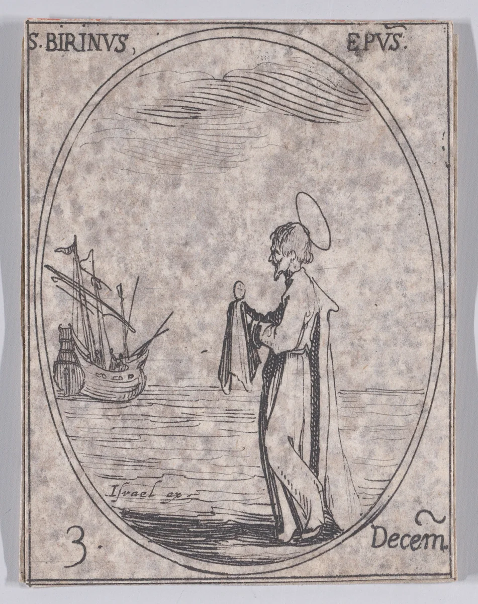 S. Birin, évêque (St. Birinus, Bishop), December 3rd, from "Les Images De Tous Les Saincts et Saintes de L'Année" (Images of All of the Saints and Religious Events of the Year) by Jacques Callot, print, 1636