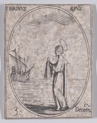 S. Birin, évêque (St. Birinus, Bishop), December 3rd, from "Les Images De Tous Les Saincts et Saintes de L'Année" (Images of All of the Saints and Religious Events of the Year) by Jacques Callot, print, 1636