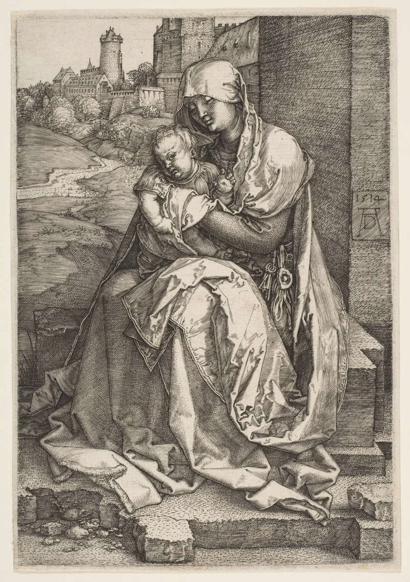 Virgin and Child Seated by the Wall by Albrecht Dürer, print, 1514