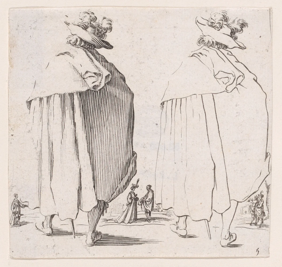 L'Homme au Grand Manteau Vu de Dos (Man with a Large Mantle Viewed from Behind), plate 5 from "Varie Figure" (Various Figures) by Jacques Callot, print, 1615-1625