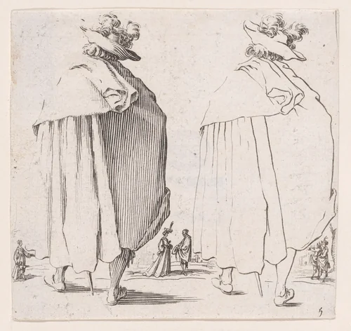 L'Homme au Grand Manteau Vu de Dos (Man with a Large Mantle Viewed from Behind), plate 5 from "Varie Figure" (Various Figures) by Jacques Callot, print, 1615-1625