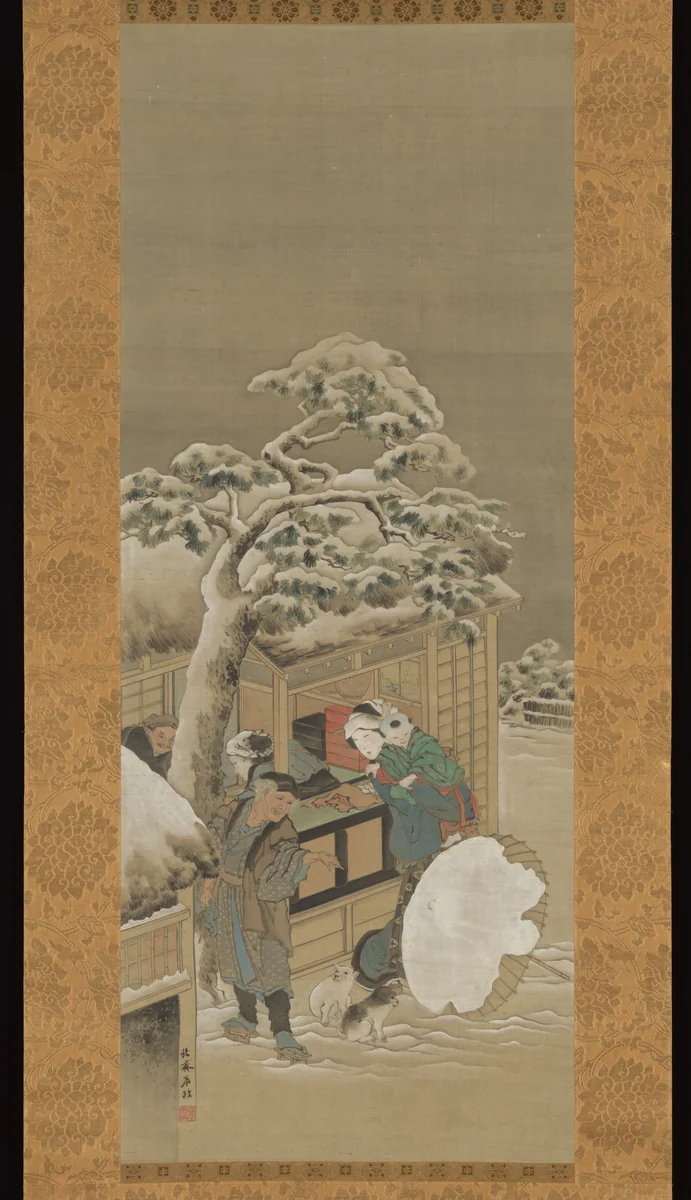 In Front of a Shop by Katsushika Hokusai (葛飾 北斎), painting, 1780