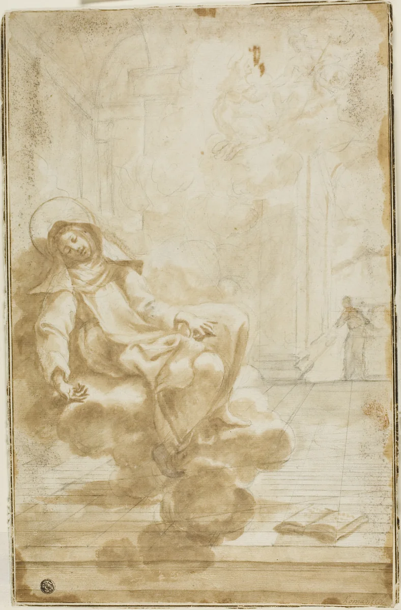 Ecstasy of a Female Saint by Domenico Piola or Bartolomeo Guidobono or Giovanni Francesco Romanelli, drawing, 1647-1703