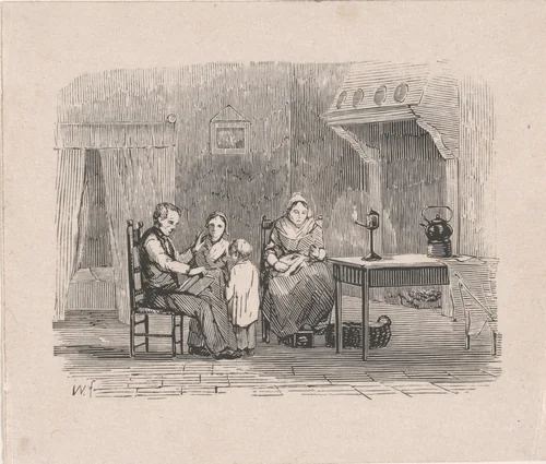 Interieur met een vader zijn gezin voorlezend by Isaac Weissenbruch, print, 1838-1912