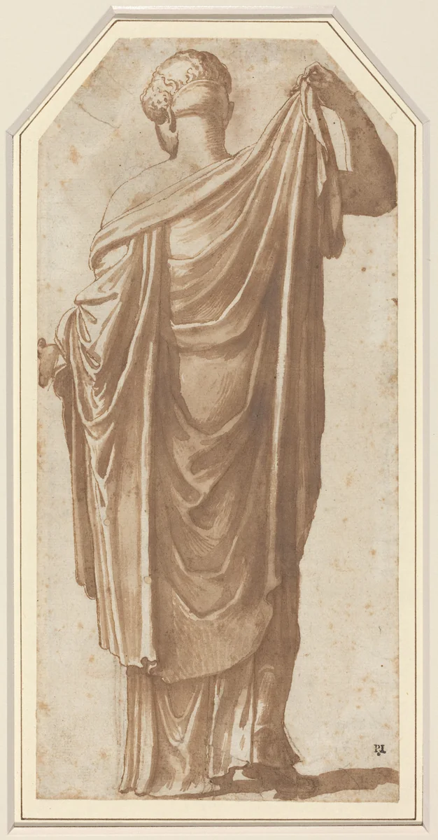 Female Roman Statue Seen from the Back by Nicolas Poussin, drawing, 1594-1665