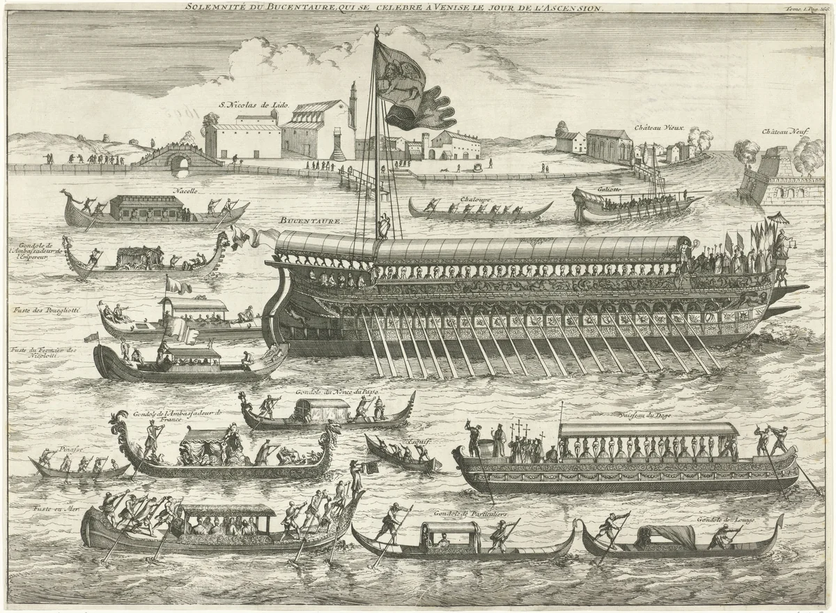 Bucentaurus omgeven door veertien gondels by Caspar Luyken, print, 1695
