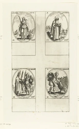 Heilige Antonius Abt, Heilige Prisca van Rome, Heilige Germanicus, Heilige Fabianus en Heilige Sebastiaan (17-20 januari) by Jacques Callot, print, 1632-1636
