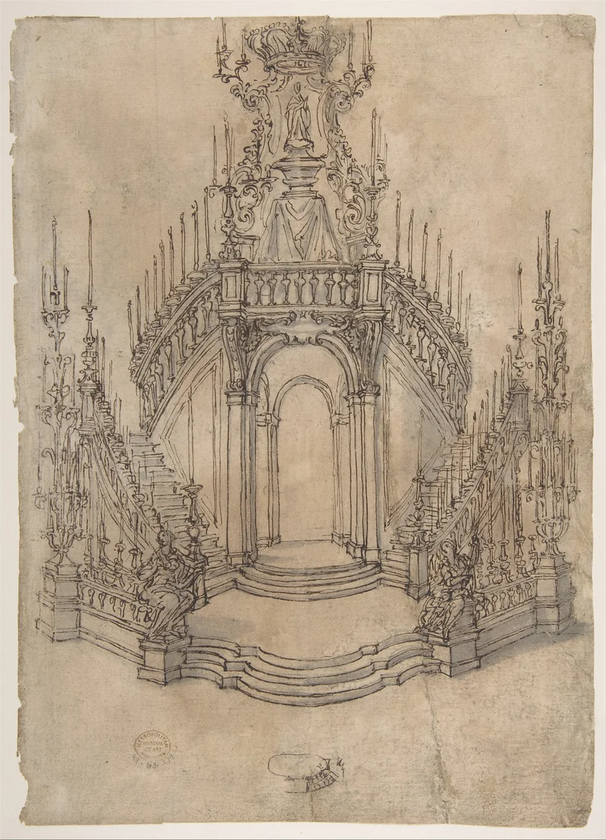 Designs for a Funerary Monument with Stairs (recto); Various Funerary Monument Designs (verso) by Giovanni Battista Foggini, drawing, 1672-1725