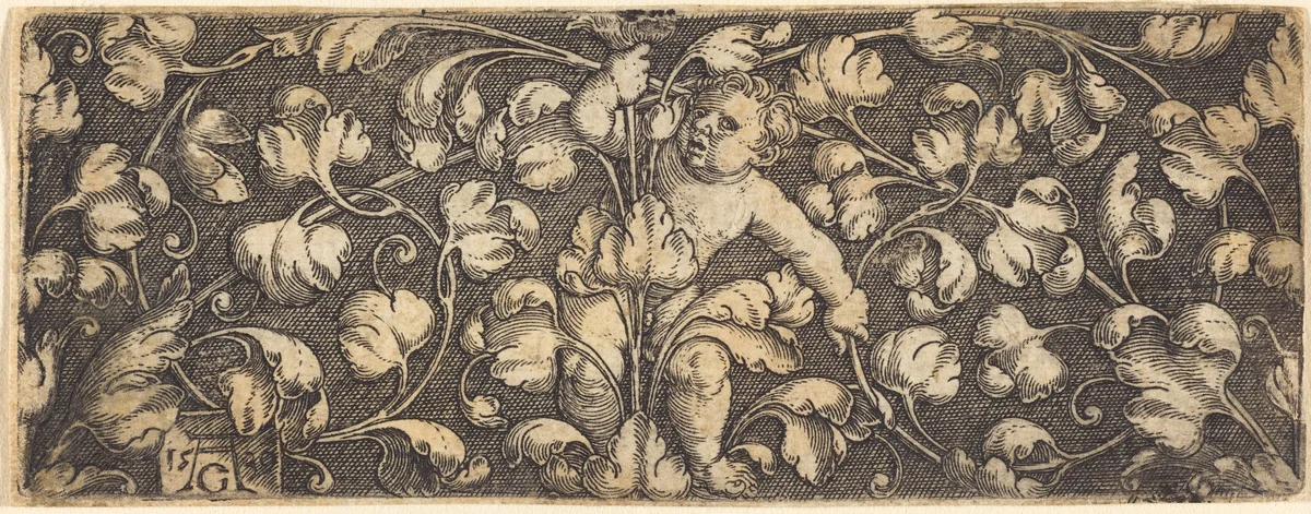 Ornament with Foliage and a Child in the Center by Heinrich Aldegrever, print, 1539