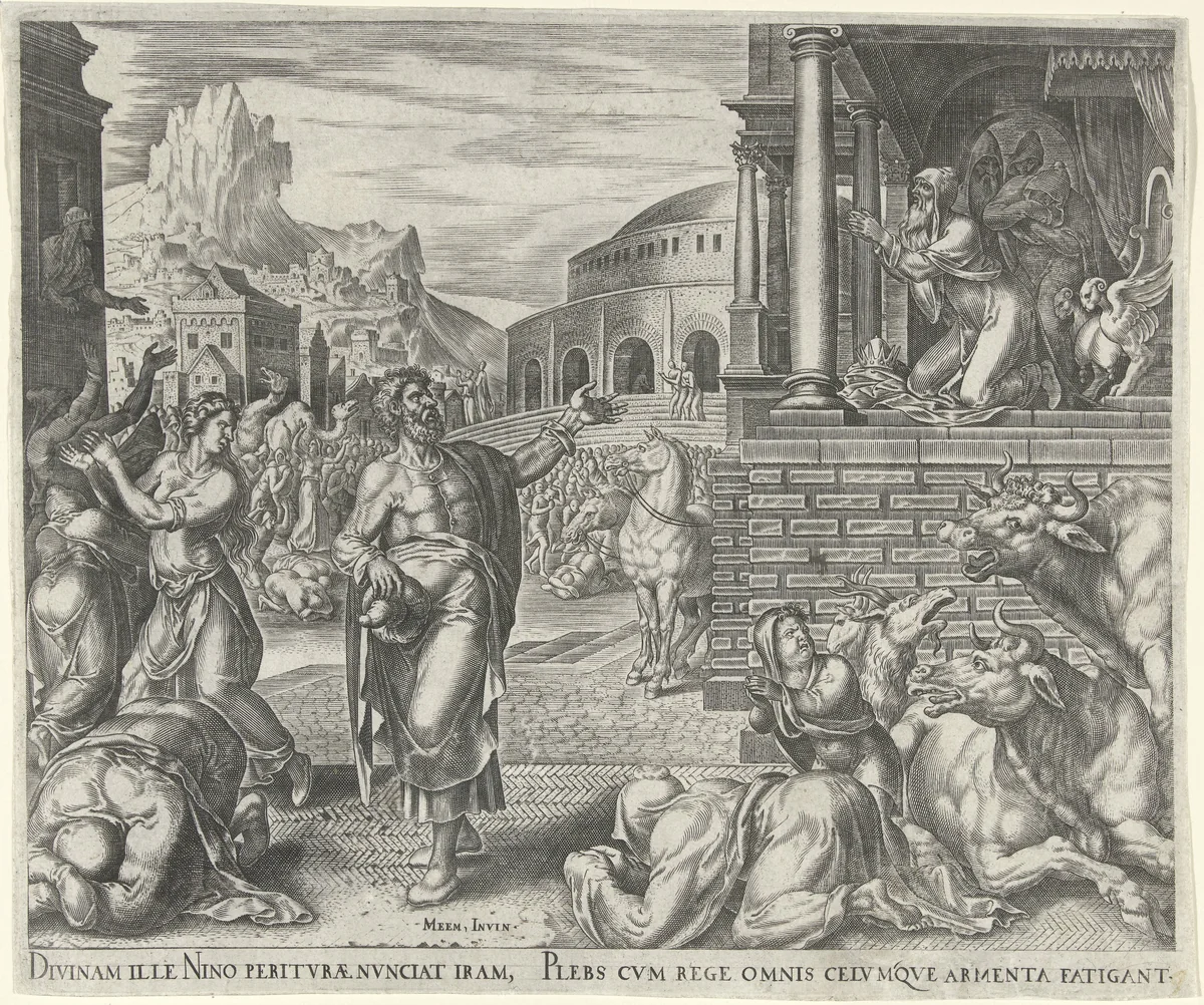 Jona voorspelt de ondergang van Nineve by Philips Galle, print, 1566