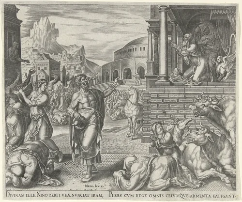 Jona voorspelt de ondergang van Nineve by Philips Galle, print, 1566