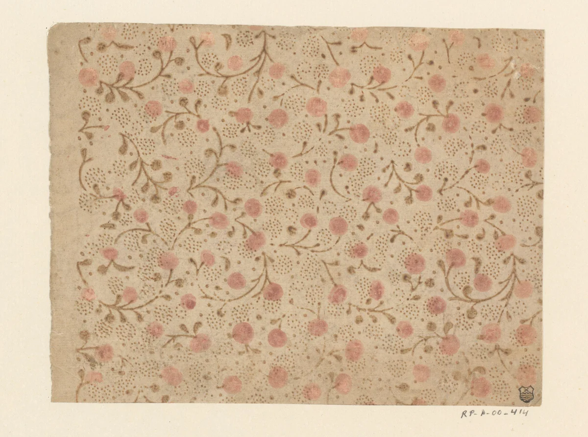 Blad met strooipatroon van ranken met vruchtjes en punten by anonymous, print, 1700-1850