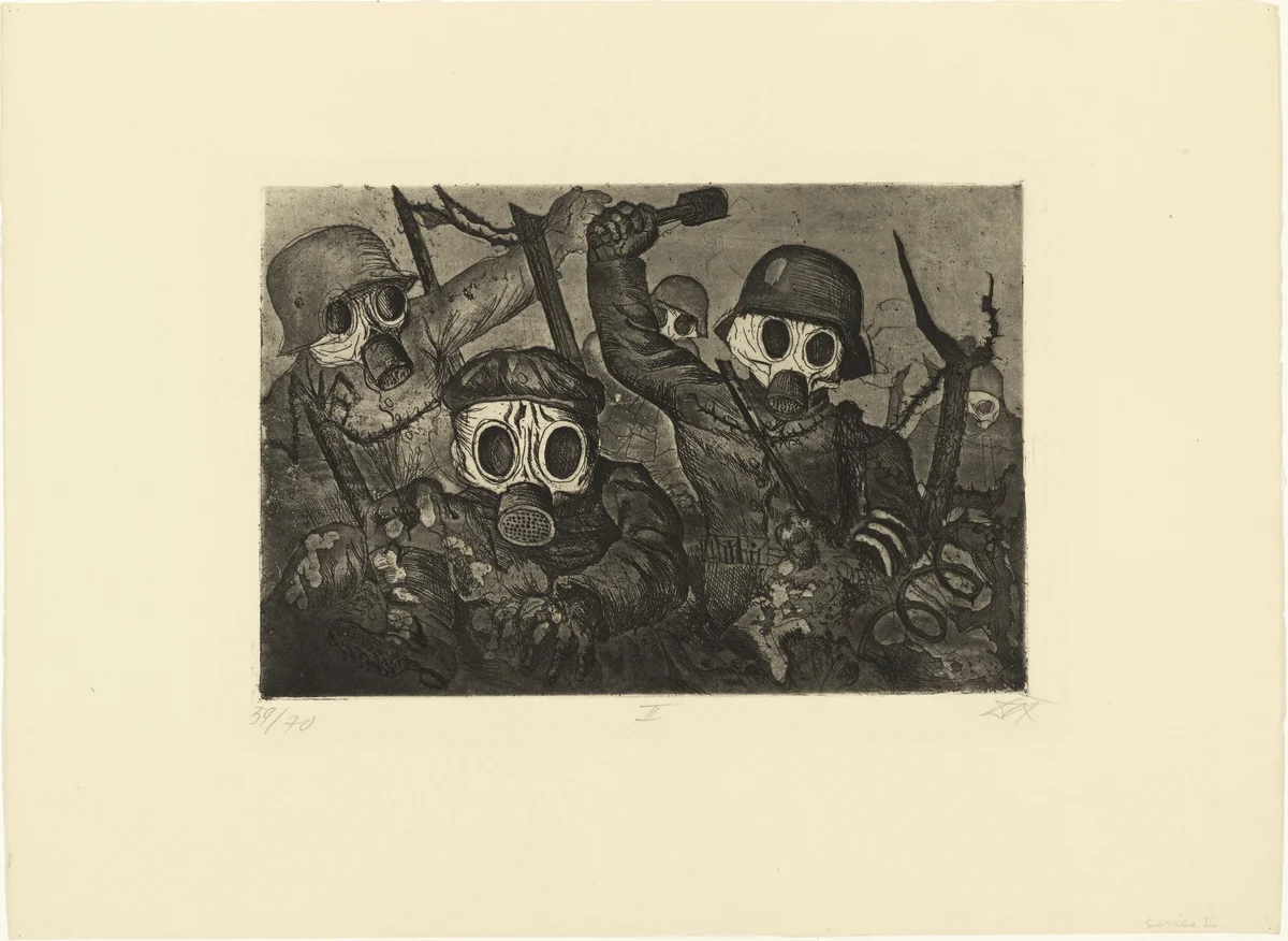 Shock Troops Advance under Gas (Sturmtruppe geht unter Gas vor) from The War (Der Krieg) by Otto Dix, print, 1924