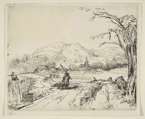 Landscape with a shepherd and a dog by Rembrandt van Rijn, print, 1648-1658