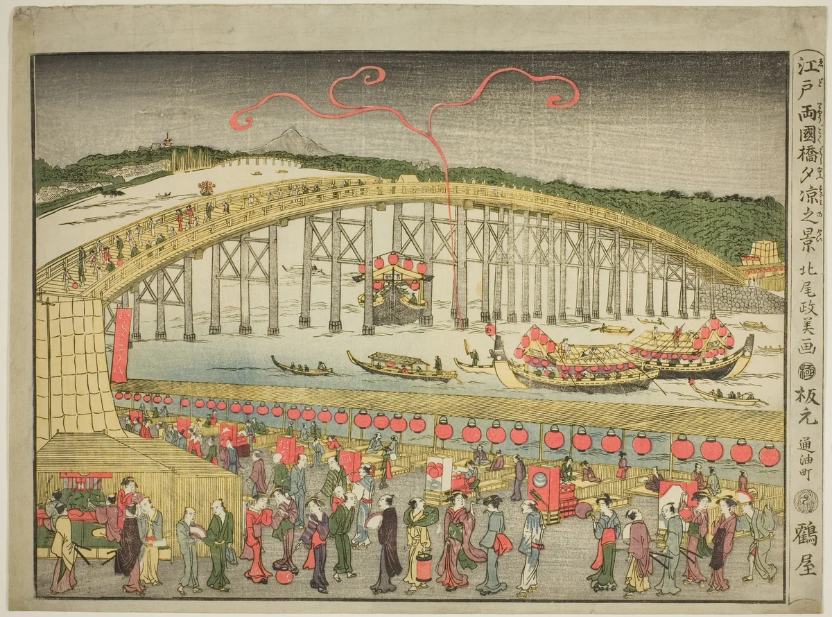 Enjoying the Evening Cool at Ryôgoku Bridge in Edo (Edo Ryogokubashi yusuzumi no kei) by Kitao Masayoshi, print