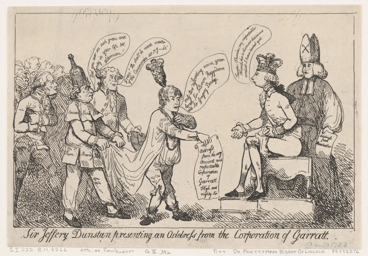 Sir Jeffery Dunstan Presenting an Address from the Corporation of Garratt by Thomas Rowlandson, print, 1788