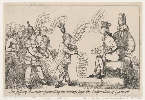 Sir Jeffery Dunstan Presenting an Address from the Corporation of Garratt by Thomas Rowlandson, print, 1788