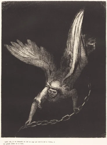 Apres cela je vis descendre du ciel un ange qui avait la clef de l'abime, et une grande chaine en sa main (And I saw an angel come down from heaven, having the key of the bottomless pit and a great chain in his hand) by Ambroise Vollard; Odilon Redon, print, 1899