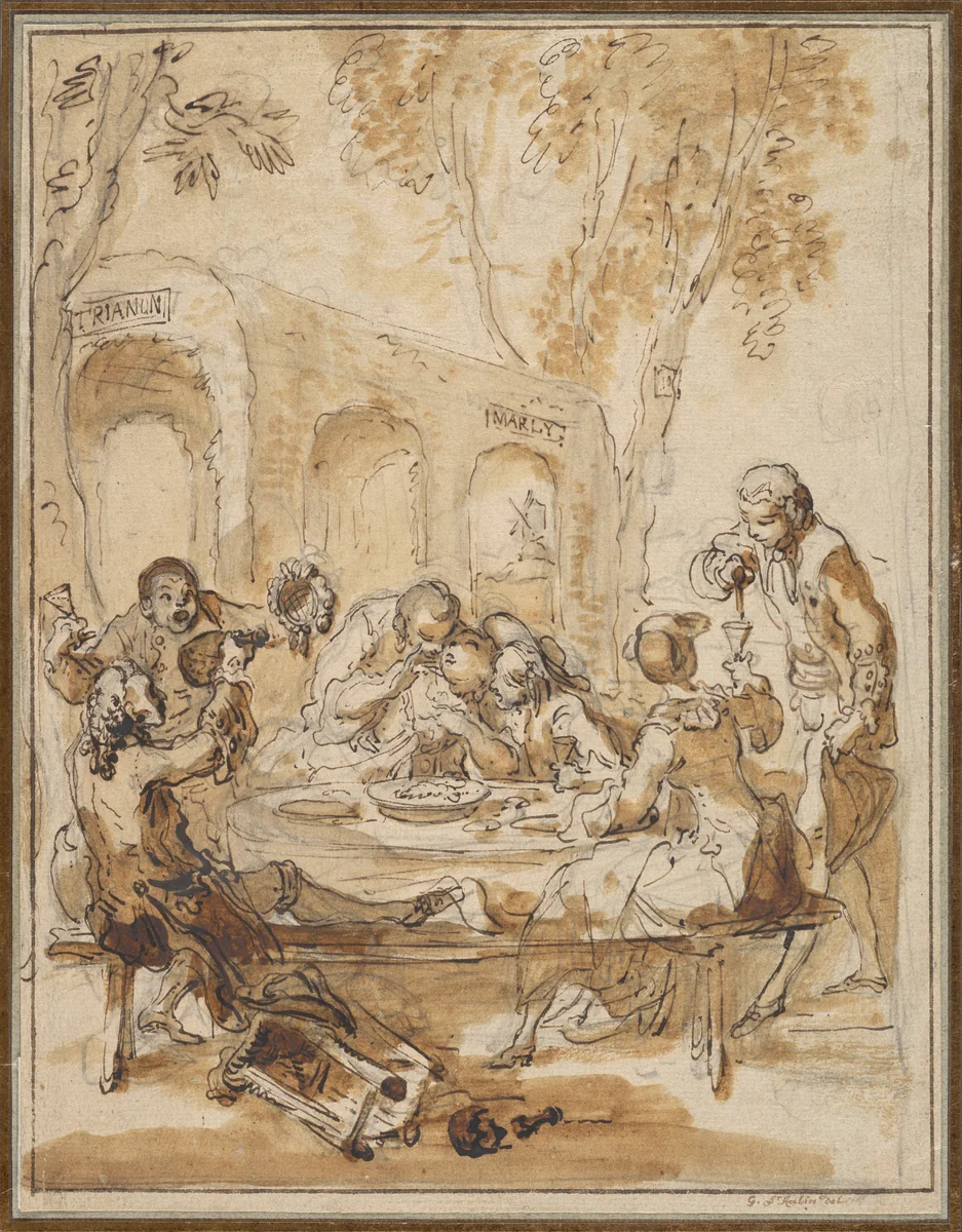 Revelers at a Table in the Countryside by Gabriel de Saint-Aubin, drawing, 1760-1769