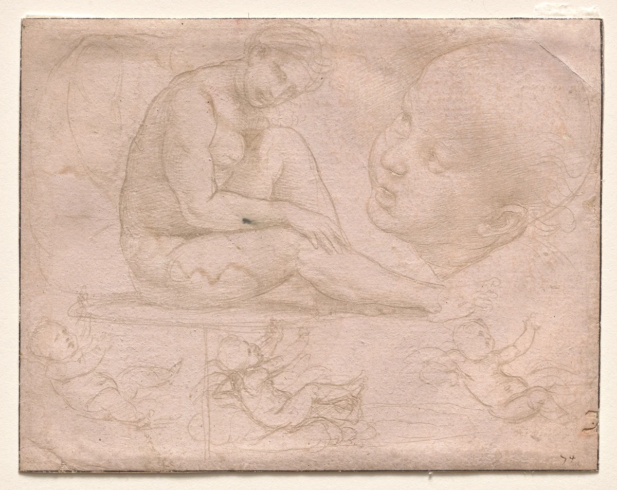 Studies of a Seated Female, Child's Head, and Three Studies of a Baby by Raphael, drawing, 1507-1508