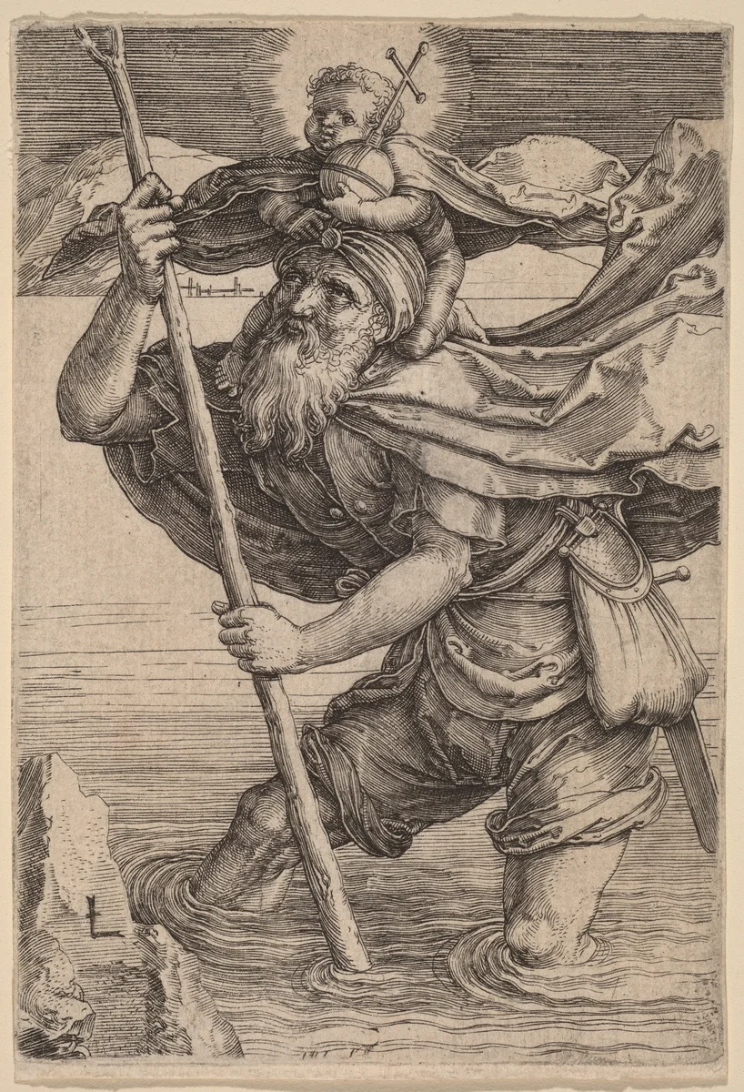 Saint Christopher Carrying the Infant Christ by Lucas van Leyden, print, 1521