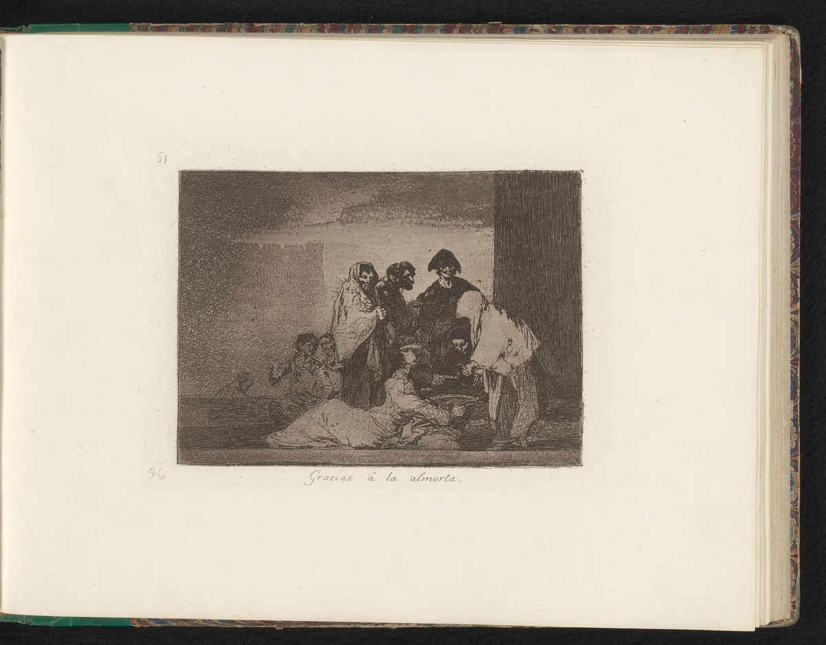 Vluchtelingen delen voedsel bij een kookpot by Francisco de Goya, book, 1810-1820
