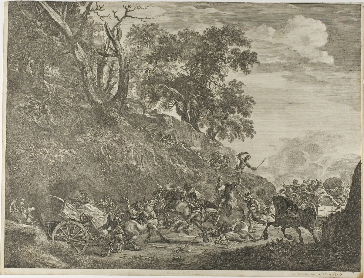 The Robbery of the Wagons by Cornelis Visscher, print, 1649-1658