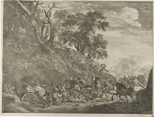 The Robbery of the Wagons by Cornelis Visscher, print, 1649-1658