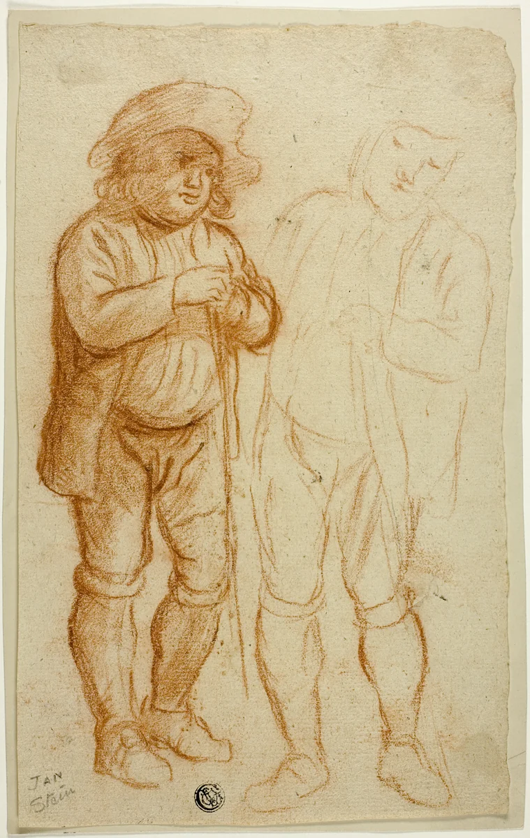 Two Sketches of Standing Man Leaning on Staff by Jan Steen, drawing, 1646-1679