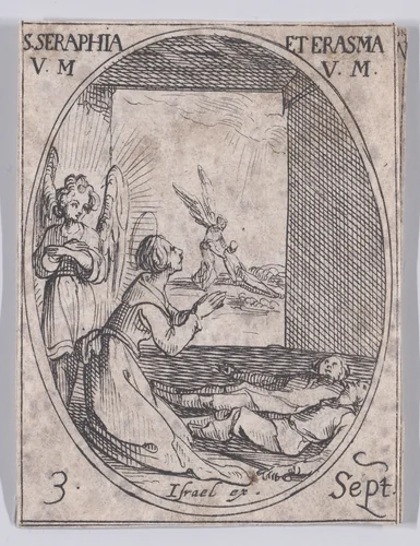 Ste. Séraphie et Ste. Erasme, vierges et martyres (St. Seraphia and St. Erasma, Virgins and Martyrs), September 3rd, from "Les Images De Tous Les Saincts et Saintes de L'Année" (Images of All of the Saints and Religious Events of the Year) by Jacques Callot, print, 1636