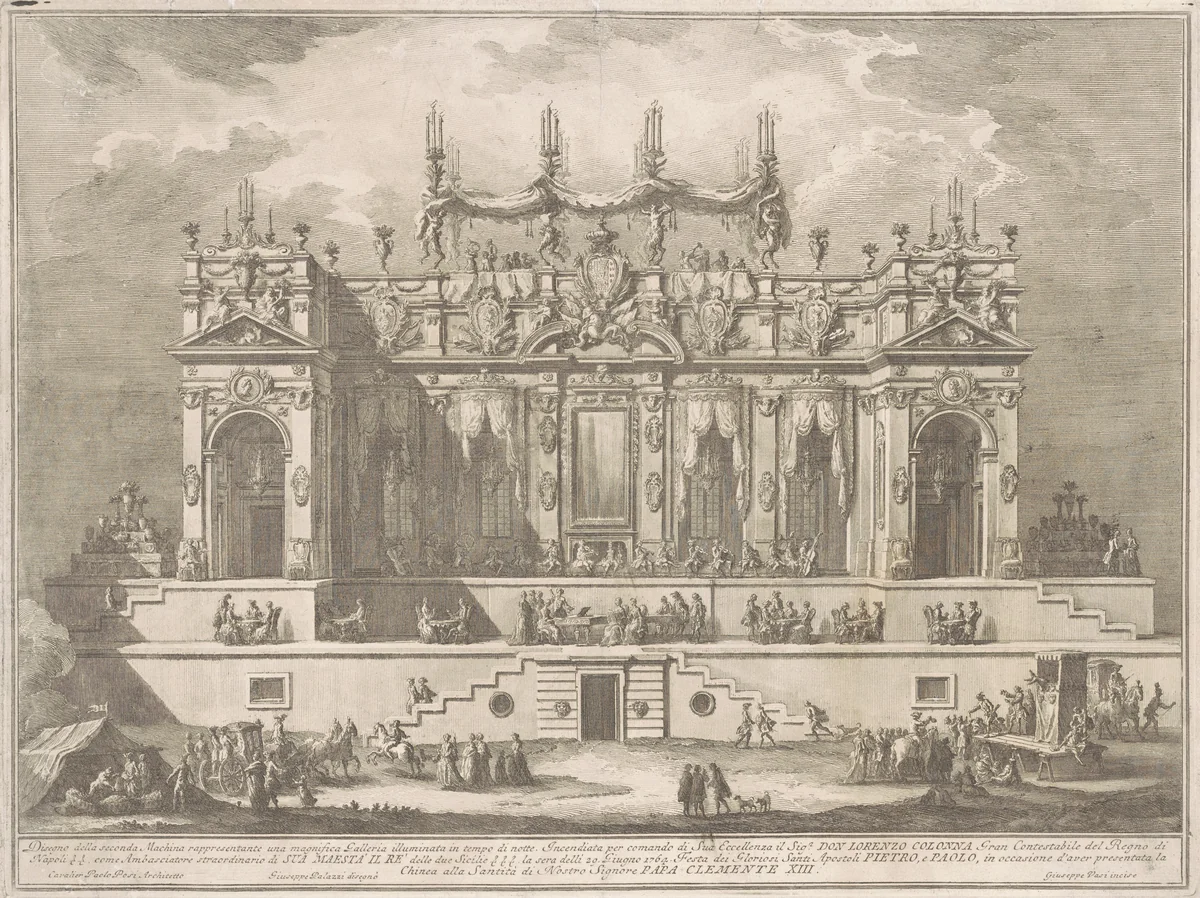 The Seconda Macchina for the Chinea of 1764: A Magnificent Gallery Illuminated at Night by Giuseppe Vasi, print, 1764