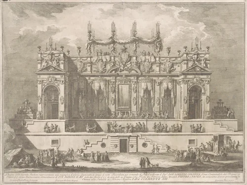 The Seconda Macchina for the Chinea of 1764: A Magnificent Gallery Illuminated at Night by Giuseppe Vasi, print, 1764