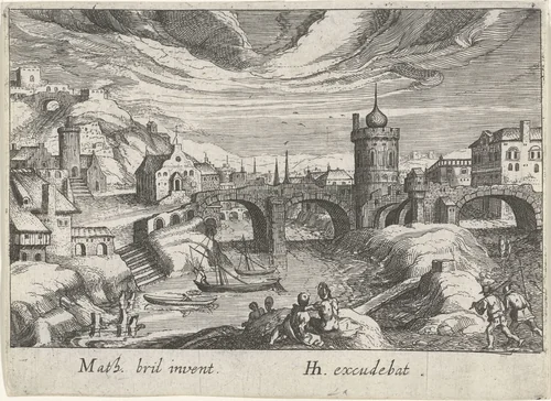 Stadsgezicht met een rivier by Simon Frisius, print, 1614
