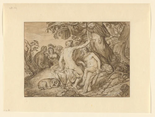 Paris en Oenone of Angelica en Medoro kerven hun namen in een boom by Jacob Lois, drawing, 1639-1644