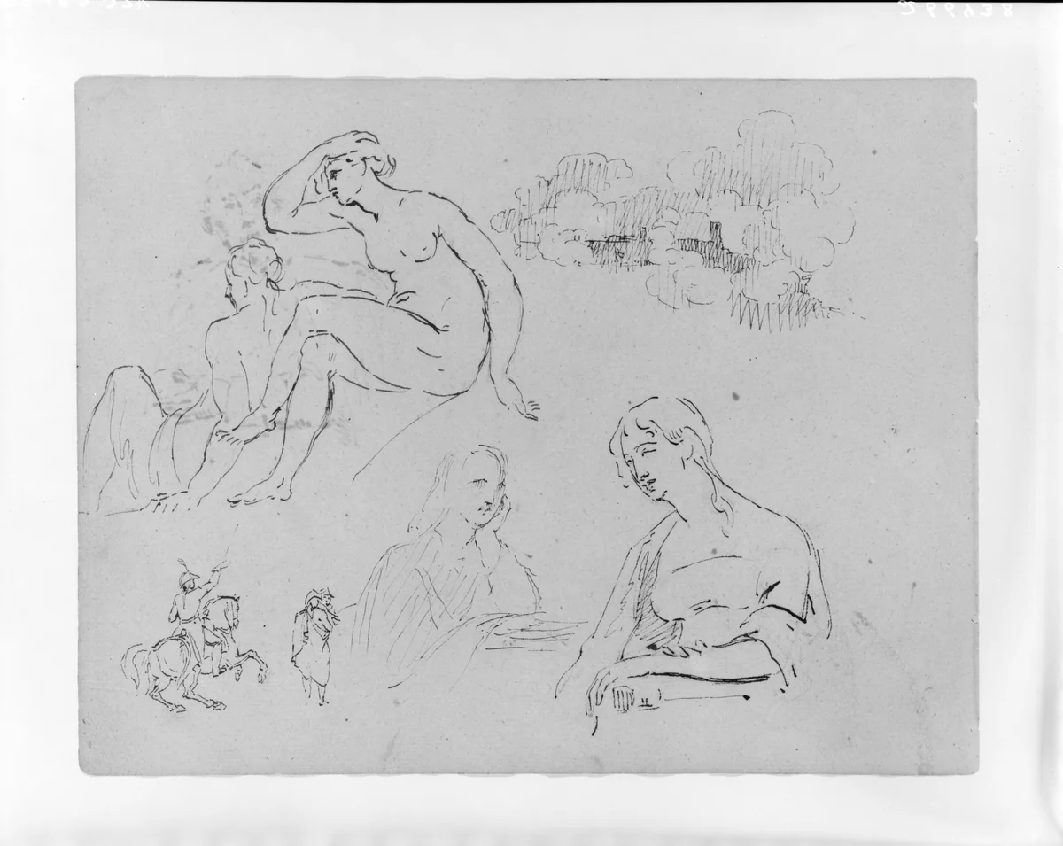 Study of Clouds; Two Female Nudes (after Michelangelo?); Two Half-length Female Portraits; Equestrian Figure with Two Men (from Sketchbook) by Thomas Sully, artwork, 1810-1820