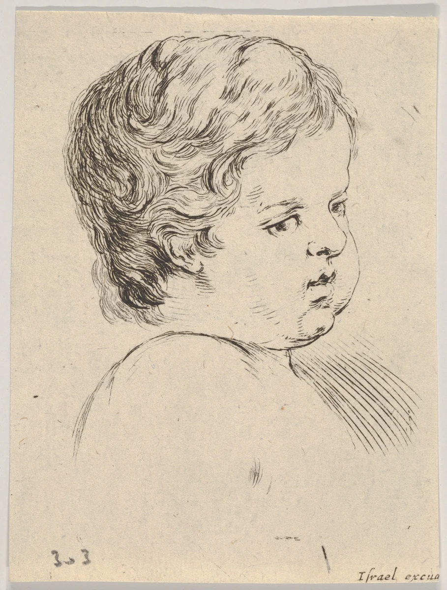 Plate 12: Head of a child, from "The Book for Learning to Draw" (Livre pour apprendre à dessiner) by Stefano della Bella, print, 1647-1652