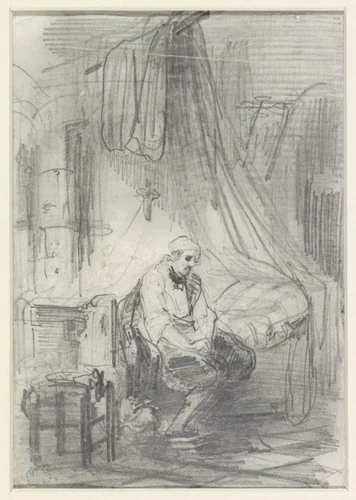 Man op de rand van zijn bed gezeten by Corneille Seghers, drawing, 1824-1875