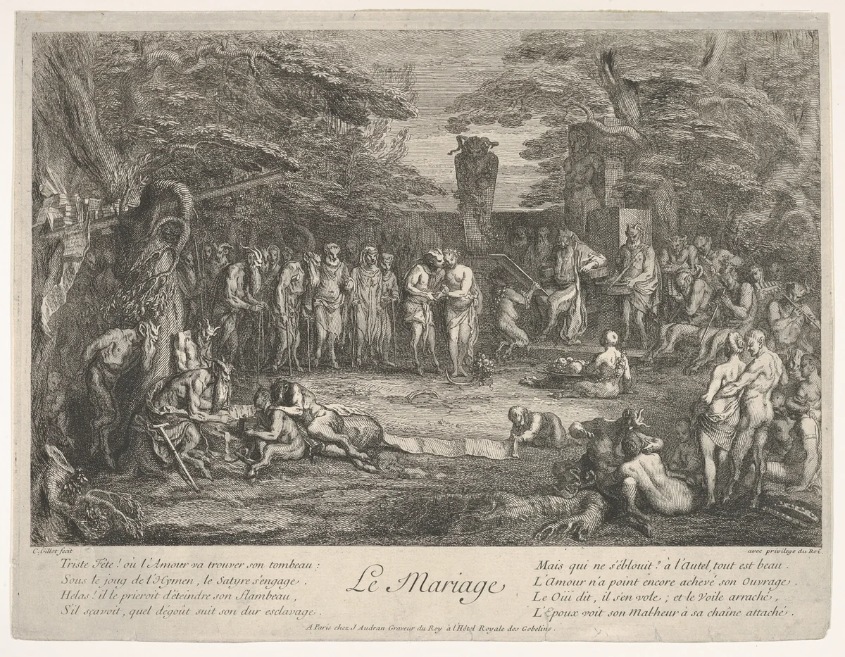 The Marriage (Le Mariage): in a forest, an old satyr marries the betrothed in center, musicians to right, old satyrs with canes to the left, a couple consulting an old philosopher to left in the foreground, from "The lives of satyrs" (La vie des satyres) by Claude Gillot, print, 1700-1720