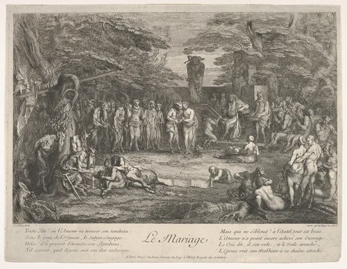 The Marriage (Le Mariage): in a forest, an old satyr marries the betrothed in center, musicians to right, old satyrs with canes to the left, a couple consulting an old philosopher to left in the foreground, from "The lives of satyrs" (La vie des satyres) by Claude Gillot, print, 1700-1720