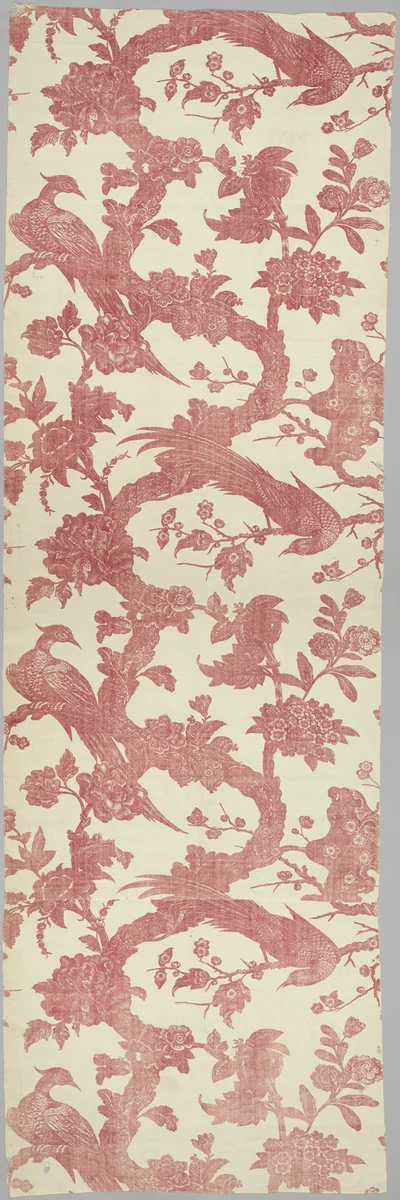 Piece with pheasants and exotic flowers by Bromley Hall Printworks, textile, 1765-1775