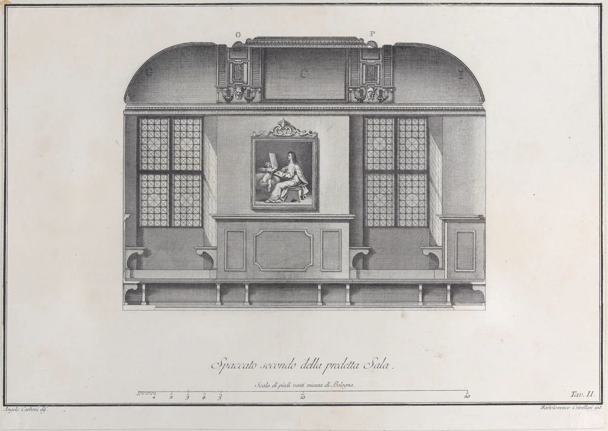 Plate 2: cross-section of the Hall of the Institute of Bologna by Bartolomeo Crivellari, print, 1756