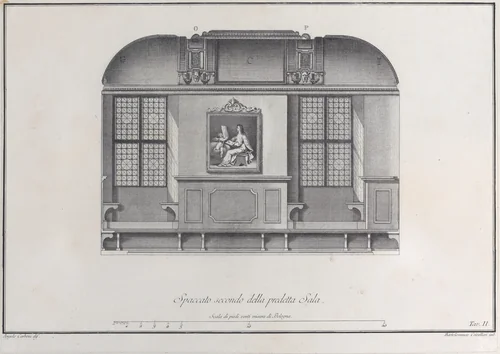 Plate 2: cross-section of the Hall of the Institute of Bologna by Bartolomeo Crivellari, print, 1756